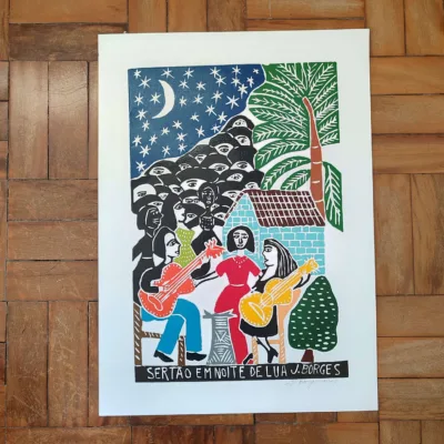 Xilogravura Mestre J Borges G - Sertão em Noite de Lua