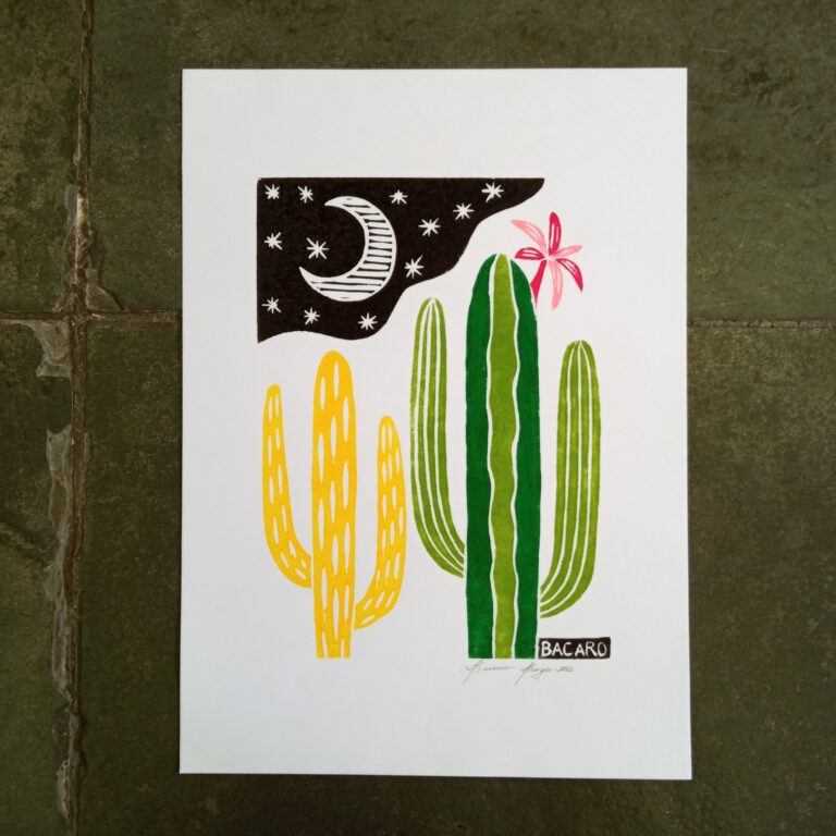 Xilogravura Bacaro Borges P - Cactos e Flor