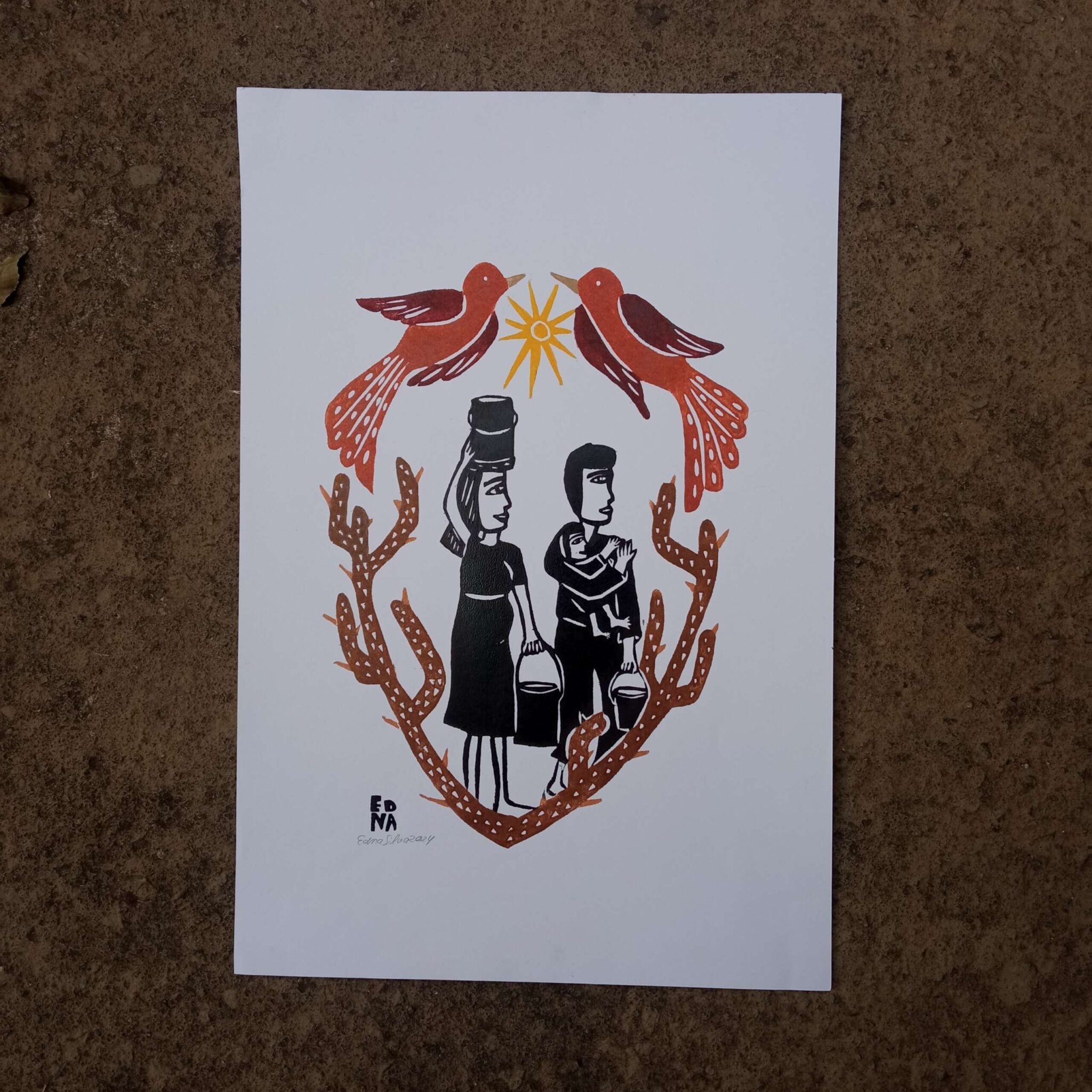 Xilogravura Edna Silva. Colorida. Família Nordestina