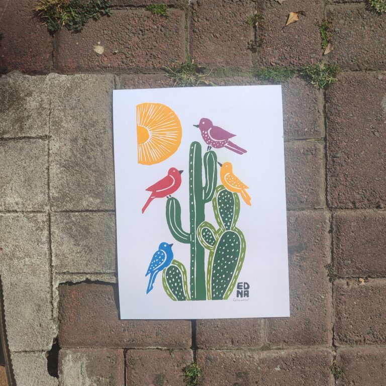 Xilogravura Edna Silva P - Cacto e Pássaros