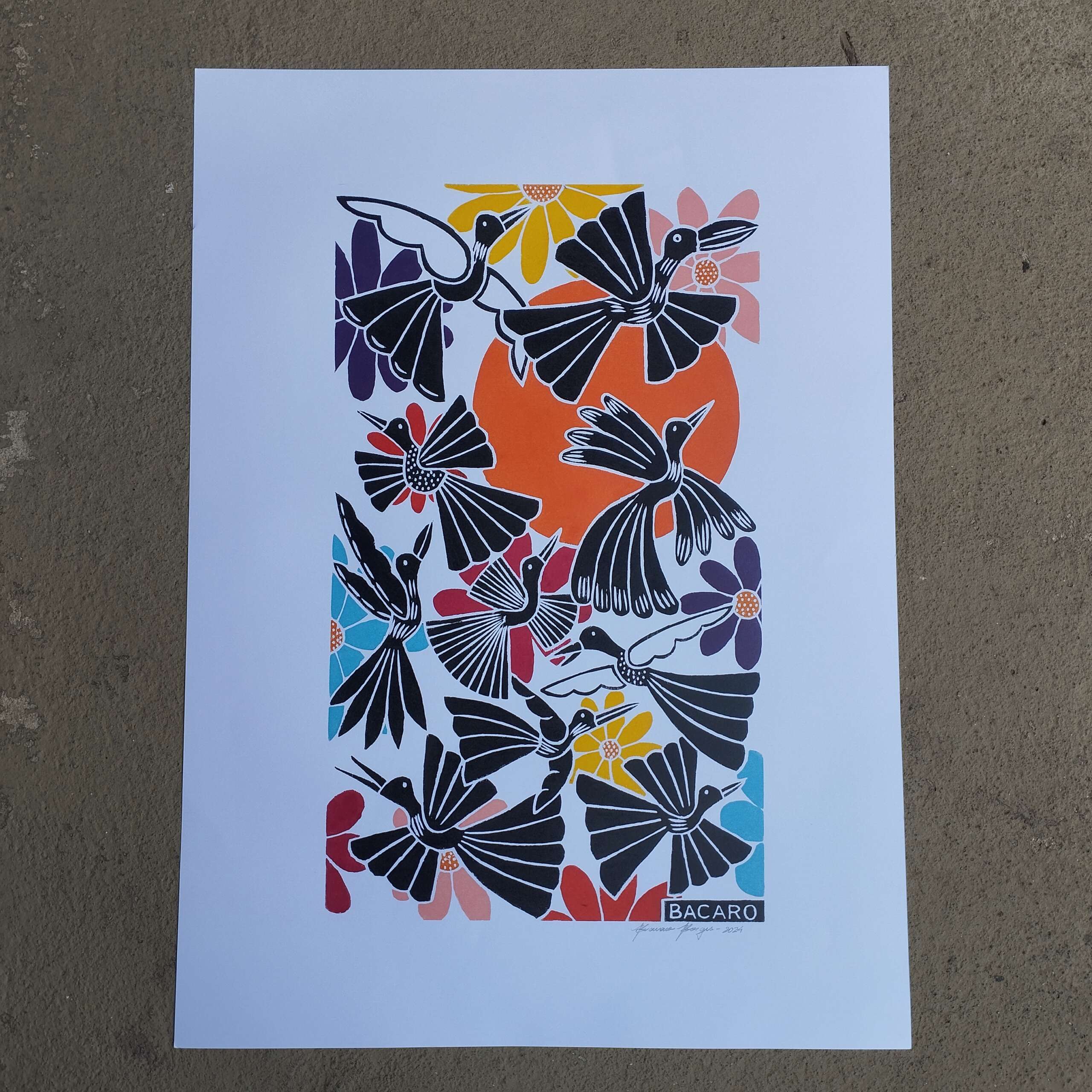 Xilogravura Bacaro Borges G - Pássaros e Flores