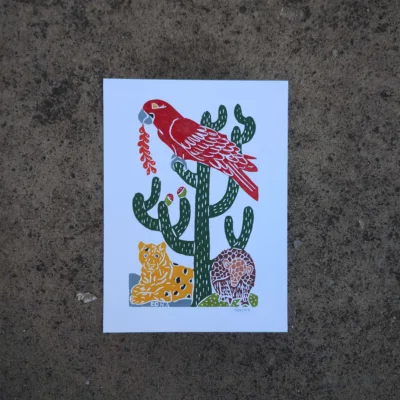 Xilogravura Edna Silva P - Arara, Onça e Tatu