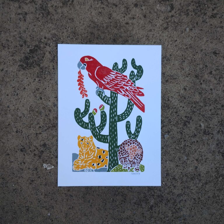 Xilogravura Edna Silva P - Arara, Onça e Tatu