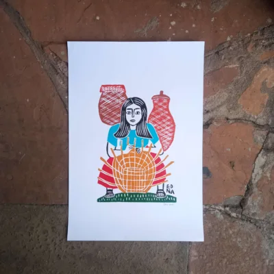 Xilogravura Edna Silva M - Fazendo Cesto