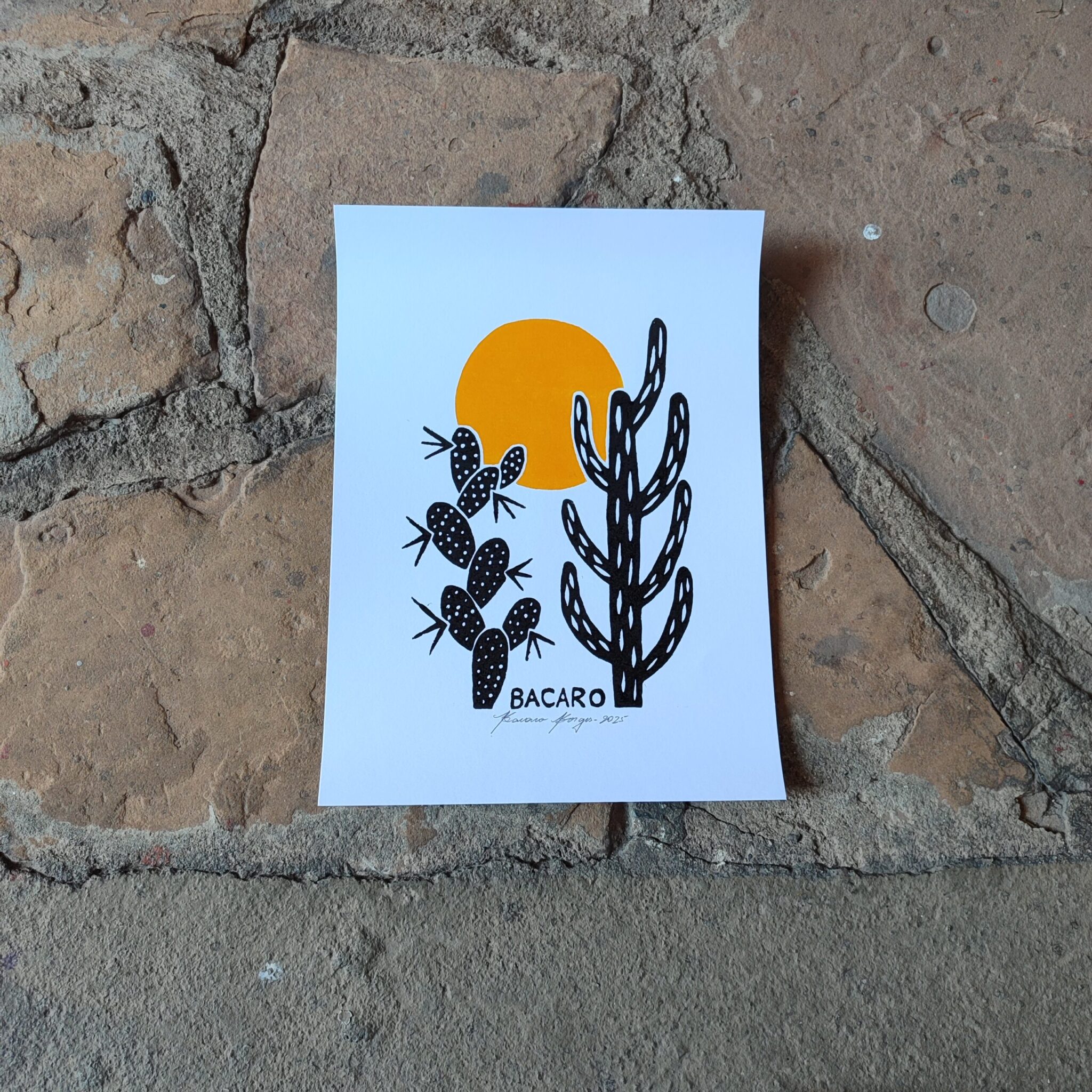 Xilogravura Bacaro Borges colorida. Cactos e Sol Amarelo