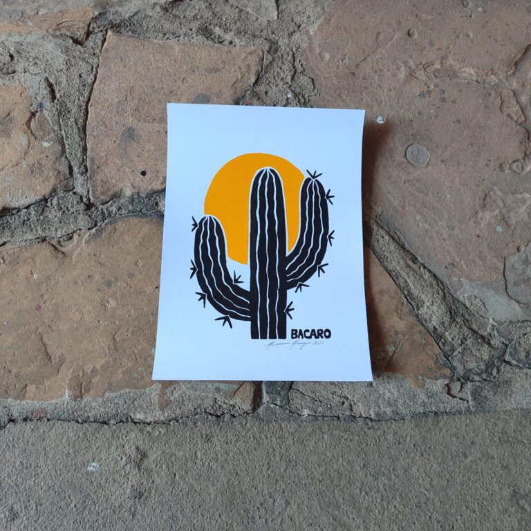 Xilogravura Bacaro Borges P - Cacto e Sol Amarelo