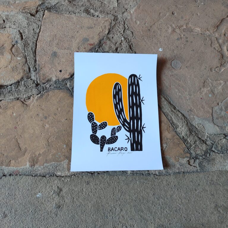 Xilogravura Bacaro Borges P - Cactos e Sol Amarelo