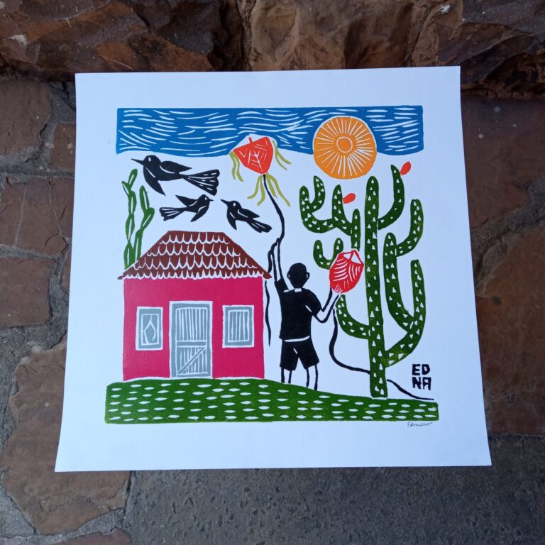 Xilogravura Edna Silva M Quadrada - Soltando Pipa