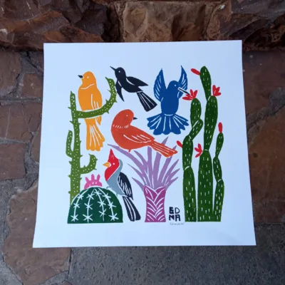 Xilogravura Edna Silva M Quadrada - Pássaros