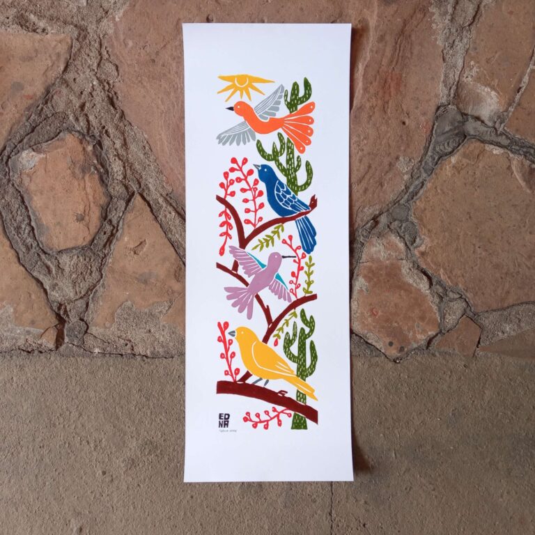 Xilogravura Edna Silva M Vertical - Passarinhos e Sol