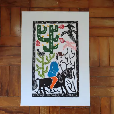 Xilogravura Mestre J Borges G - A Coragem do Vaqueiro
