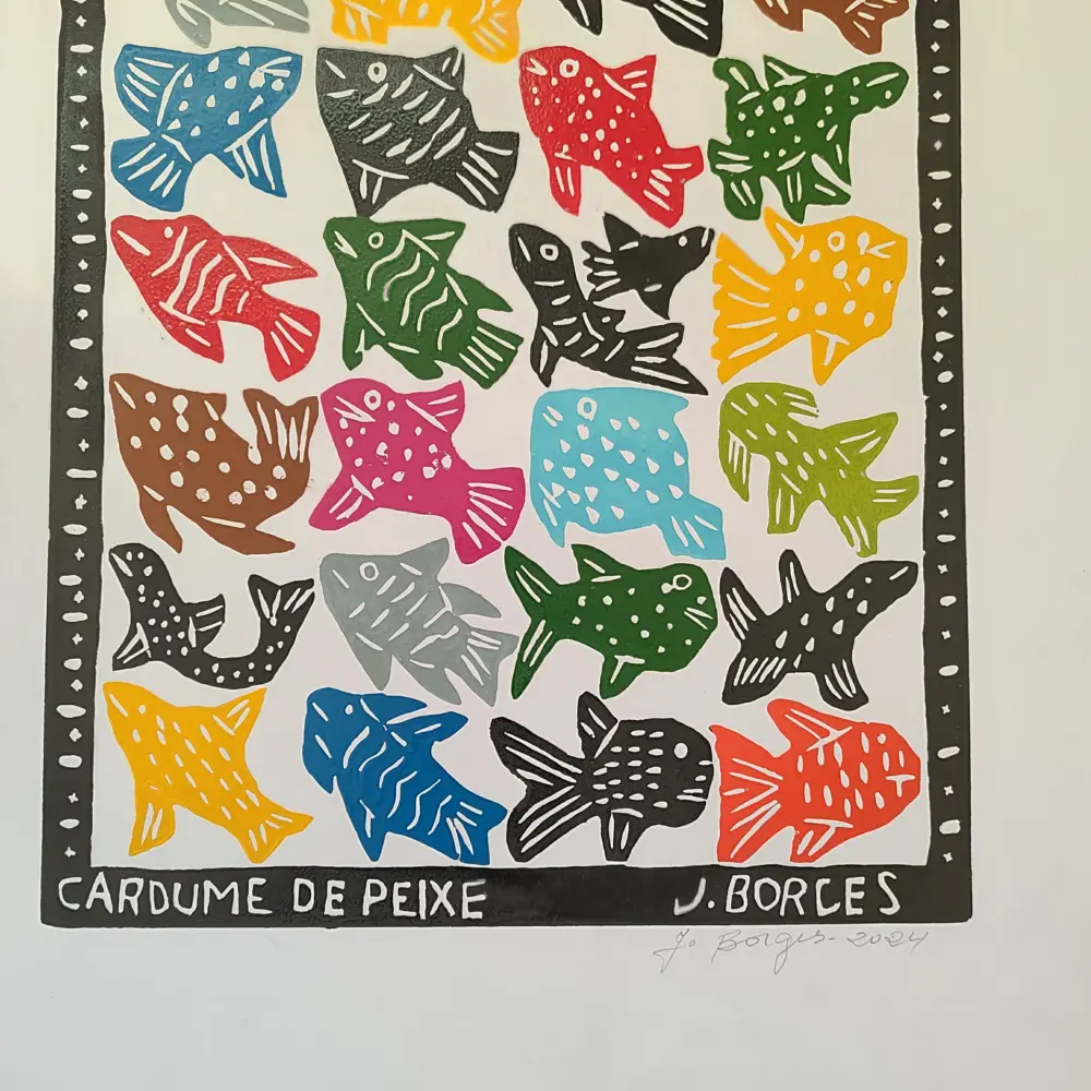 Xilogravura Mestre J Borges G - Cardume de Peixe - Imagem 3