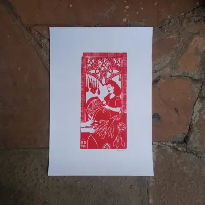 Xilogravura Edna Silva M - Rendeira  Vermelha